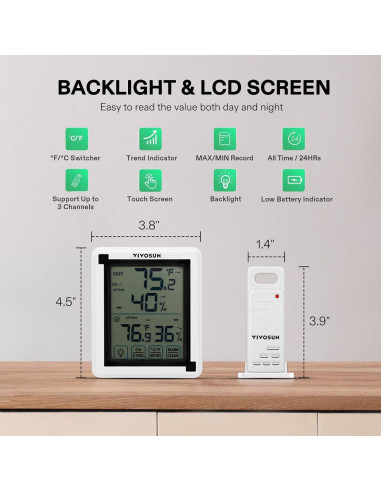 Termómetro Higrómetro Digital Inalámbrico VIVOSUN con Pantalla Táctil LCD