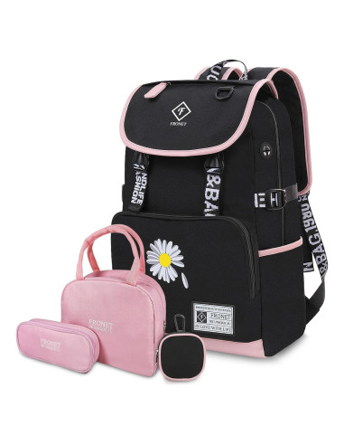 Mochila Escolar FRONET Rosa para Niñas 28L con Estuche y Almuerzo