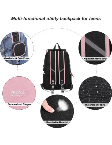 Mochila Escolar FRONET Rosa para Niñas 28L con Estuche y Almuerzo