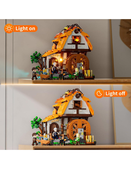 FUNWHOLE Molino de Agua Medieval 1278 Pcs con Luz LED FUNWHOLE Molino de Agua Medieval 1278 Pcs con Luz LED