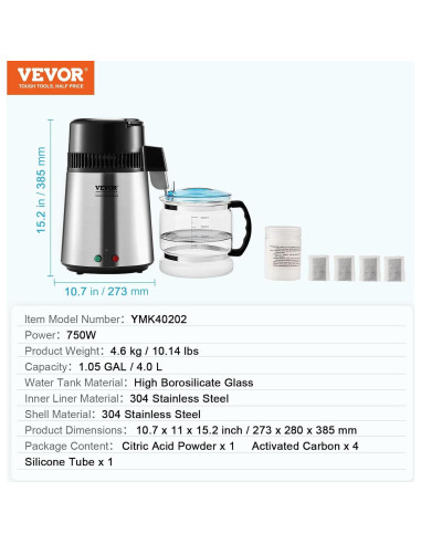 Destilador de Agua VEVOR 4L Acero Inoxidable 750W