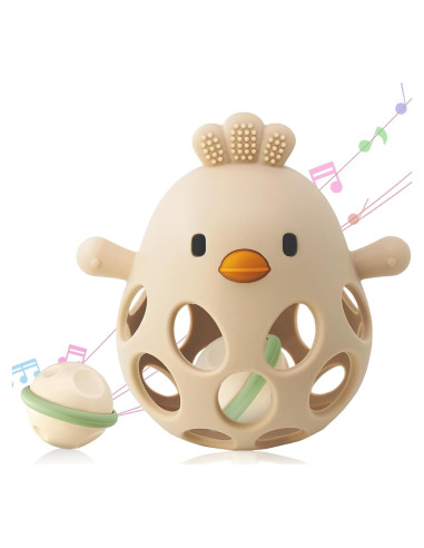 Mordedor y Sonajero 2-en-1 para Bebés Beige - Silicona BPA Free